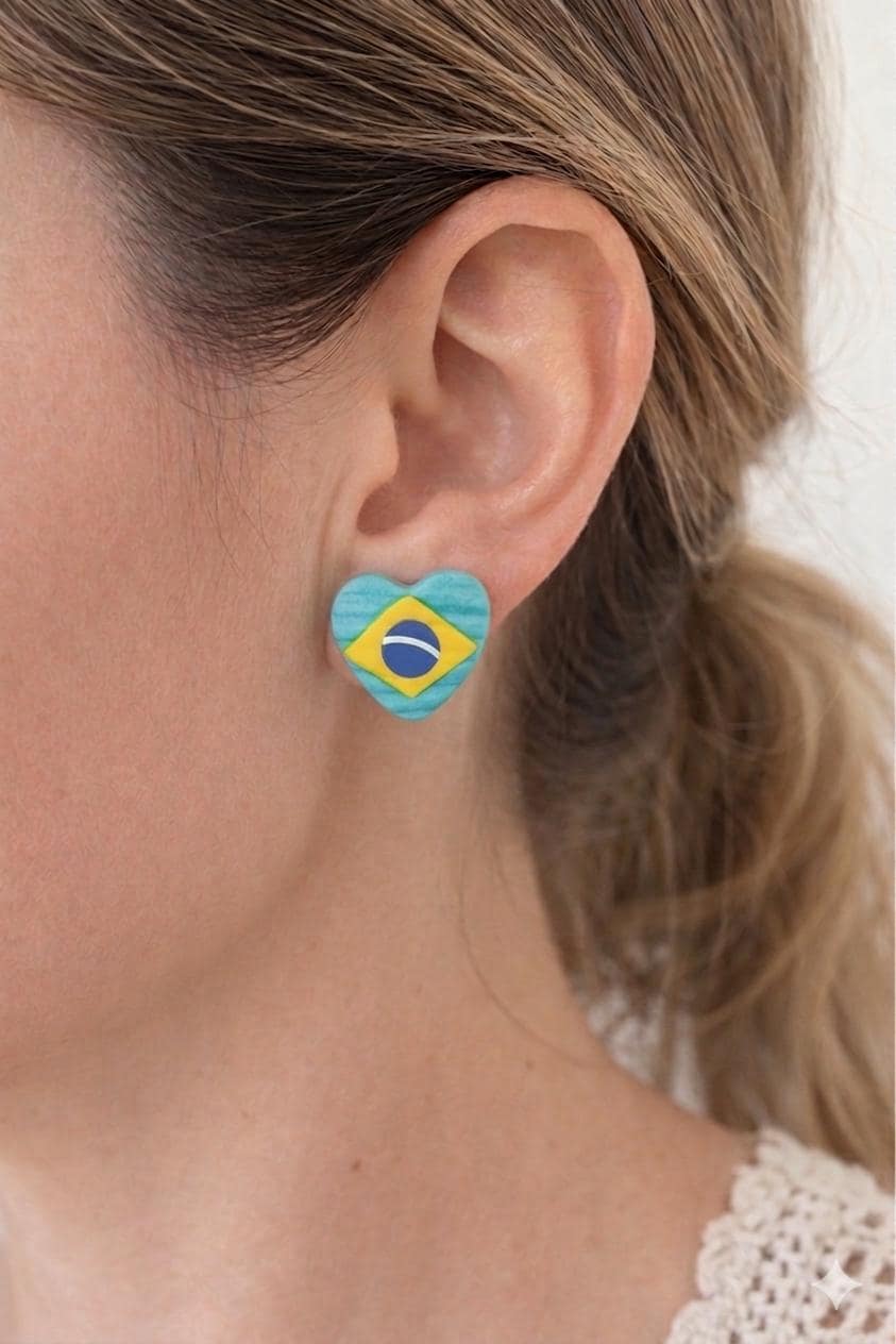 Brazil Flag Heart Stud Earrings | Handmade Polymer Clay | Soccer Fan Gift