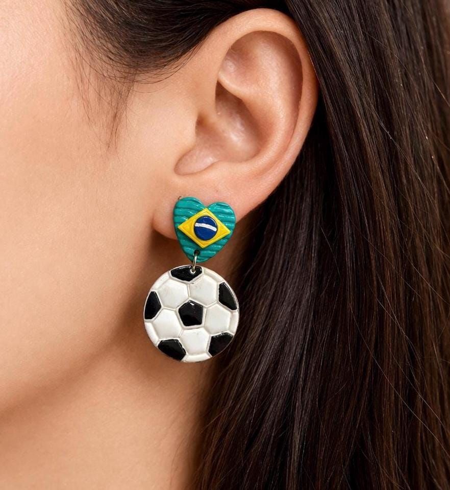 Brazil Soccer Earrings, Football Dangle Earrings, Brazil Flag Jewelry, Handmade Polymer Clay Earrings, Sports Fan Gift, Game Day Jewelry
