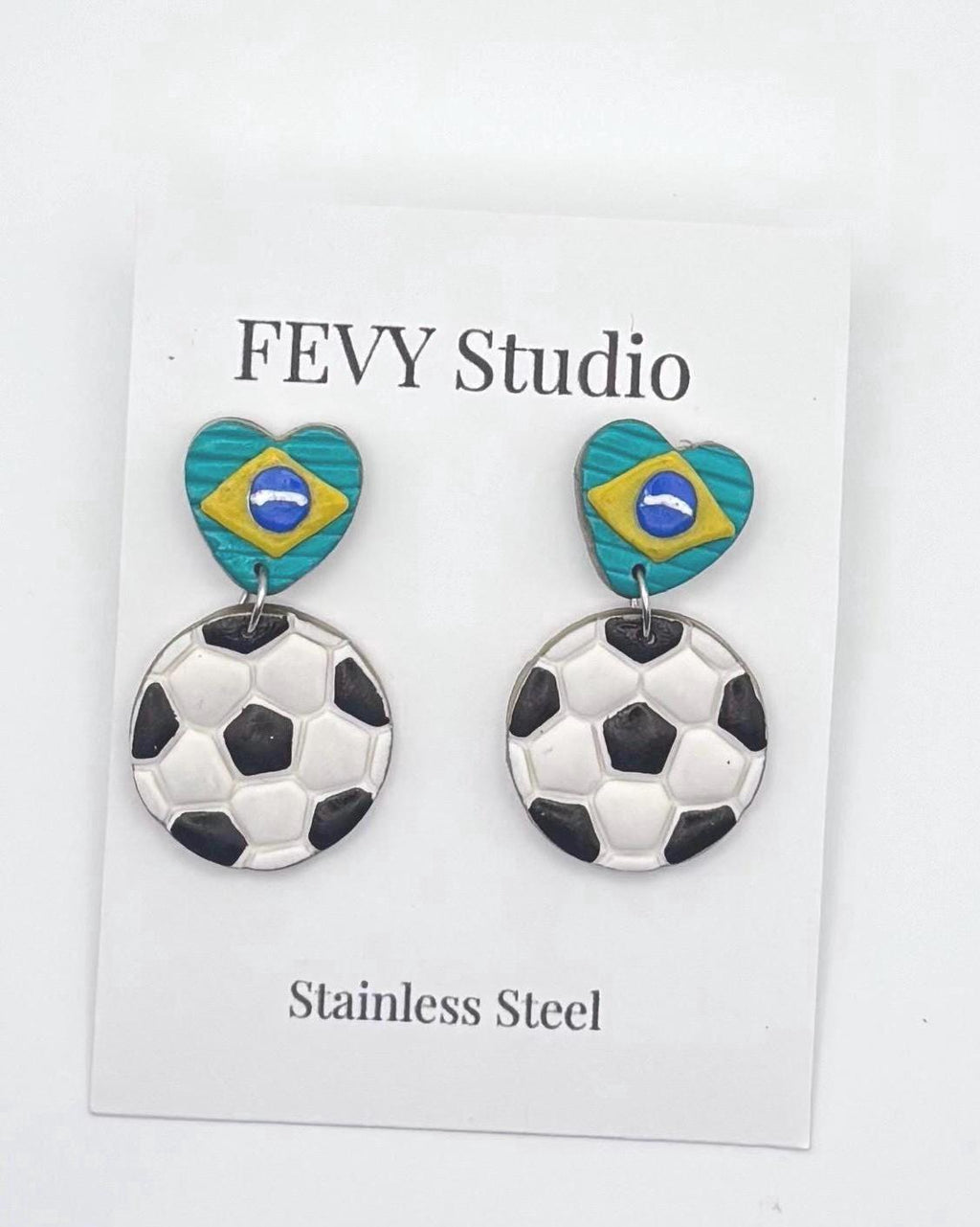Brazil Soccer Earrings, Football Dangle Earrings, Brazil Flag Jewelry, Handmade Polymer Clay Earrings, Sports Fan Gift, Game Day Jewelry