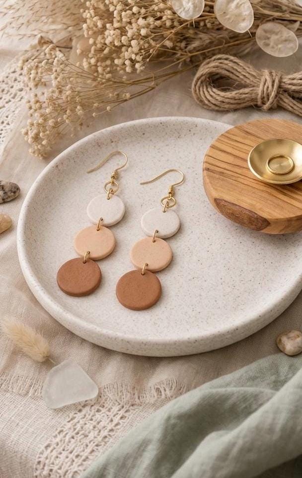 Minimalist Clay Earrings Neutral Tones | Boho Dangle Earrings | Polymer Clay Jewelry | Gift for Mom | Lightweight