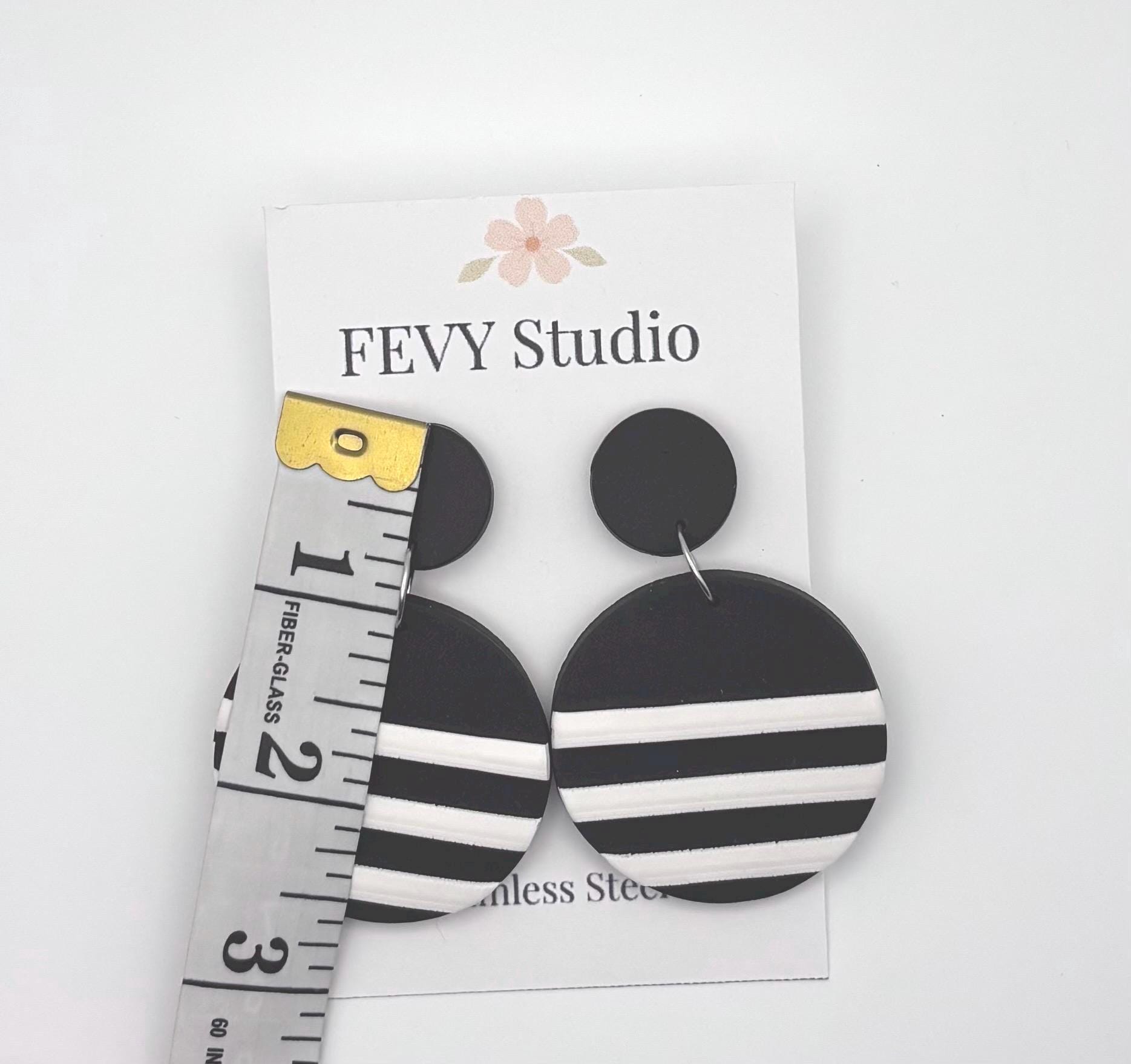 Black White Striped Polymer Clay Statement Earrings, Modern Minimalist Dangle Jewelry