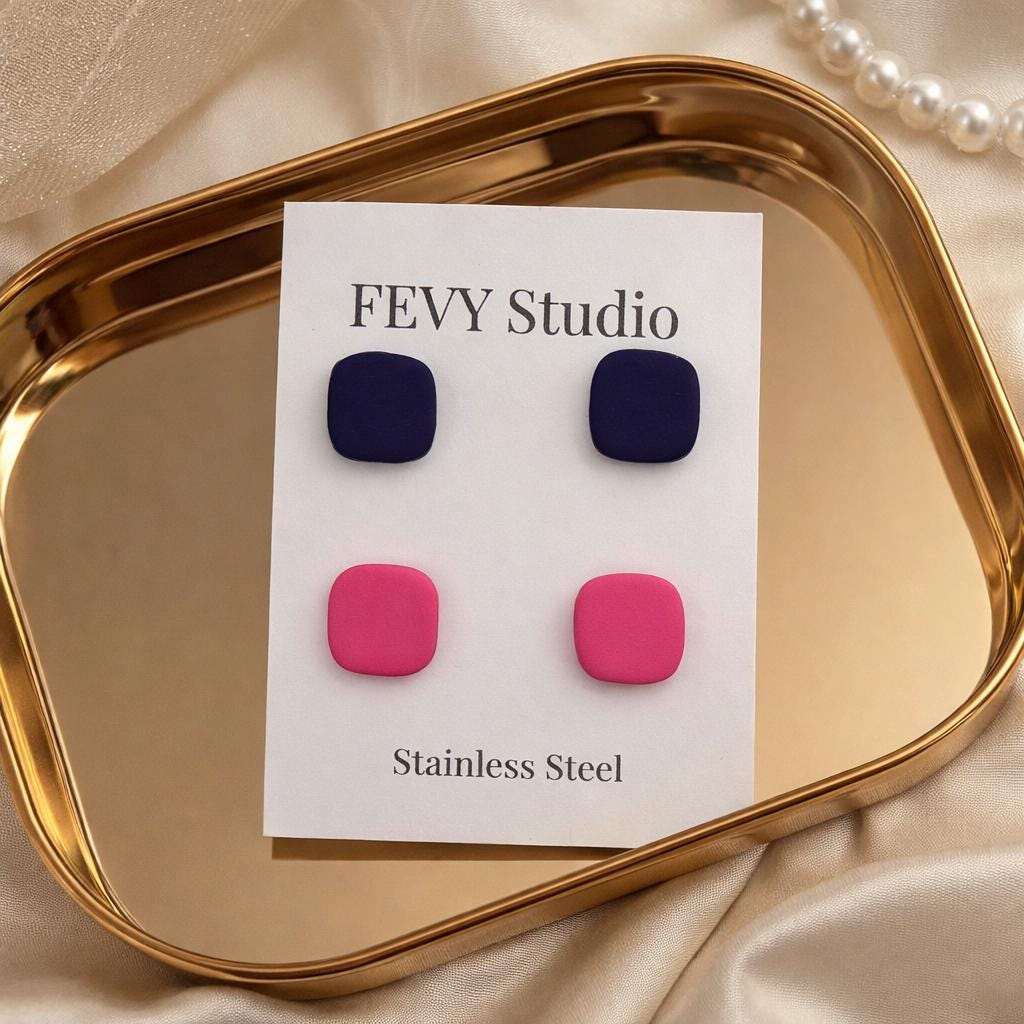 Pink & Dark Purple Stud Earrings Set, Polymer Clay Earrings, Stainless Steel Studs, Minimalist Square Earrings, Gift for Her