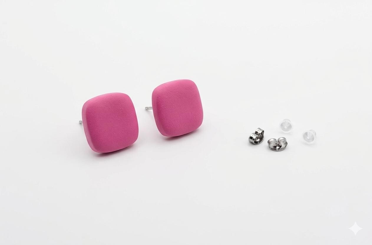 Pink & Dark Purple Stud Earrings Set, Polymer Clay Earrings, Stainless Steel Studs, Minimalist Square Earrings, Gift for Her