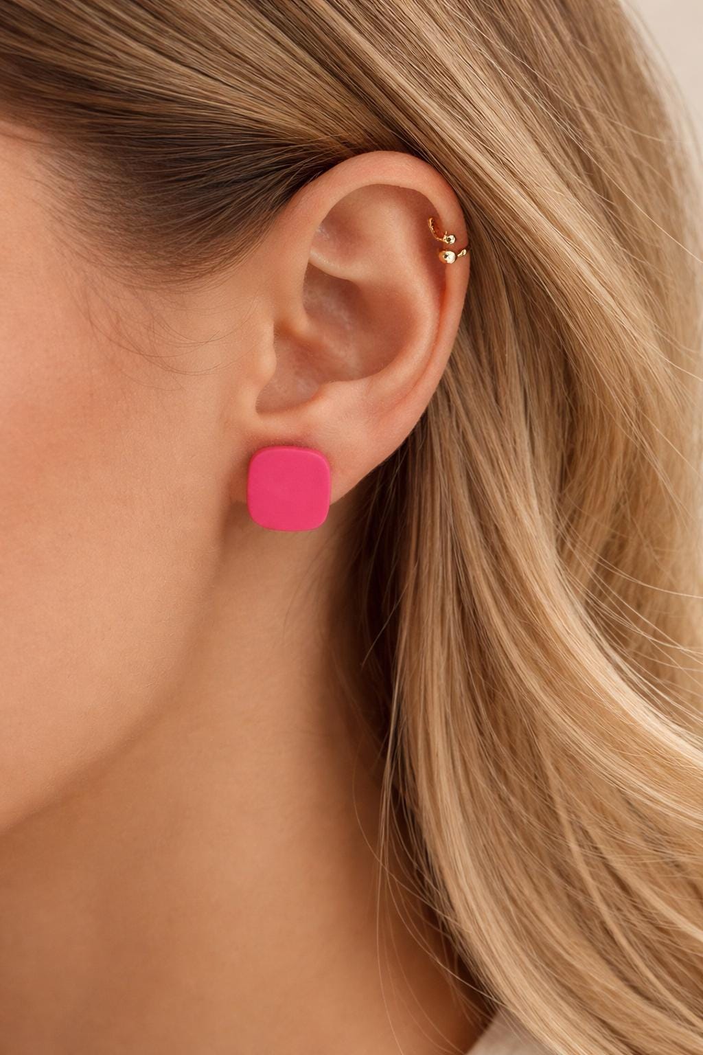 Pink & Dark Purple Stud Earrings Set, Polymer Clay Earrings, Stainless Steel Studs, Minimalist Square Earrings, Gift for Her