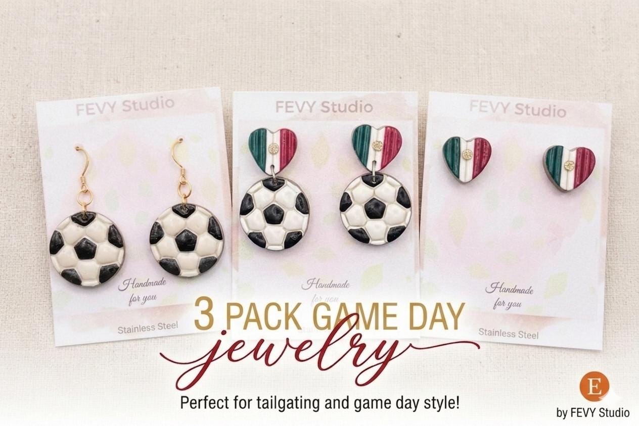 3 Pack Soccer Earrings Set, Mexico Heart Earrings, Soccer Ball Earrings, Handmade Polymer Clay Earrings, Lightweight Gift for Her