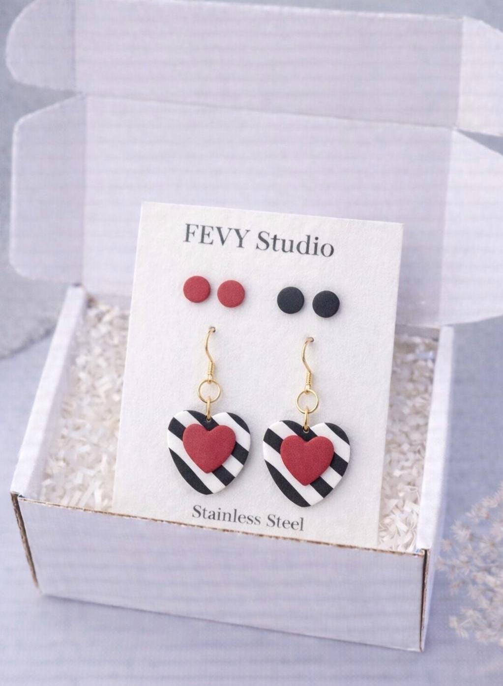 Heart Dangle Earrings Set, Black White Stripes, Red Studs, Polymer Clay Ear Stack
