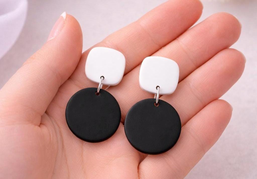 Black White Dangle Earrings, Polymer Clay Earrings, Minimalist Statement Earrings, Geometric Lightweight Earrings, Boho Gift for Her