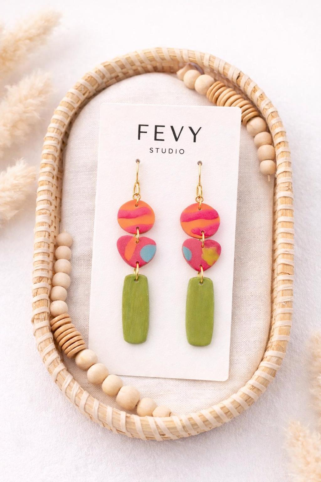 Handmade Polymer Clay Dangle Earrings, 18k Gold Plated Hooks, Boho Chic Statement Jewelry