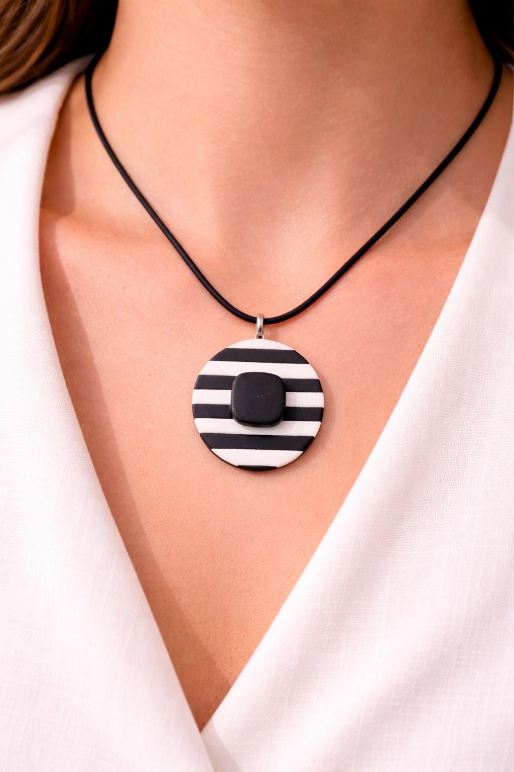 Black White Striped Polymer Clay Jewelry Set | Modern Geometric Dangle Earrings Necklace