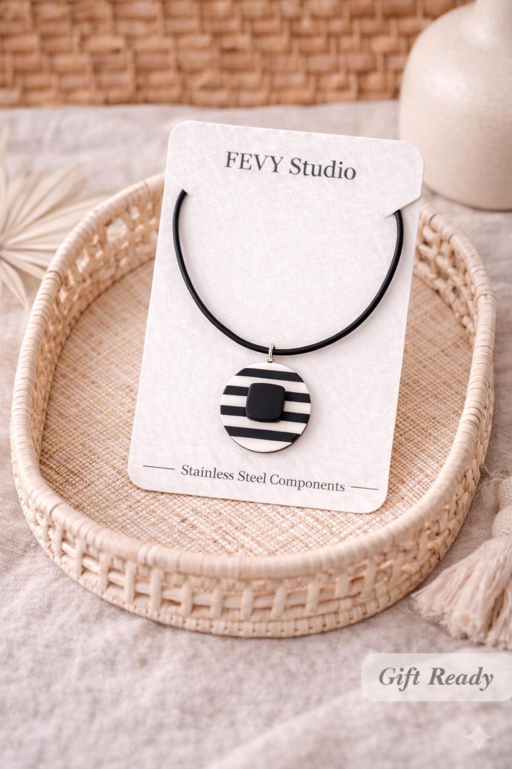 Black and White Geometric Pendant Necklace | Minimalist Statement Necklace | Polymer Clay Jewelry | Modern Circle Necklace | Gift for Her