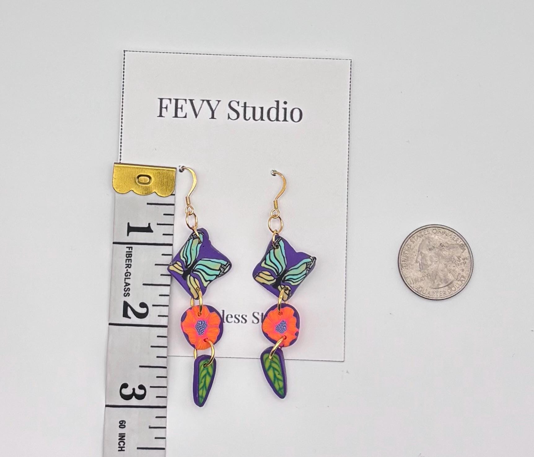 Colorful Butterfly Flower Dangle Earrings | Polymer Clay Statement Jewelry | Gold Hooks