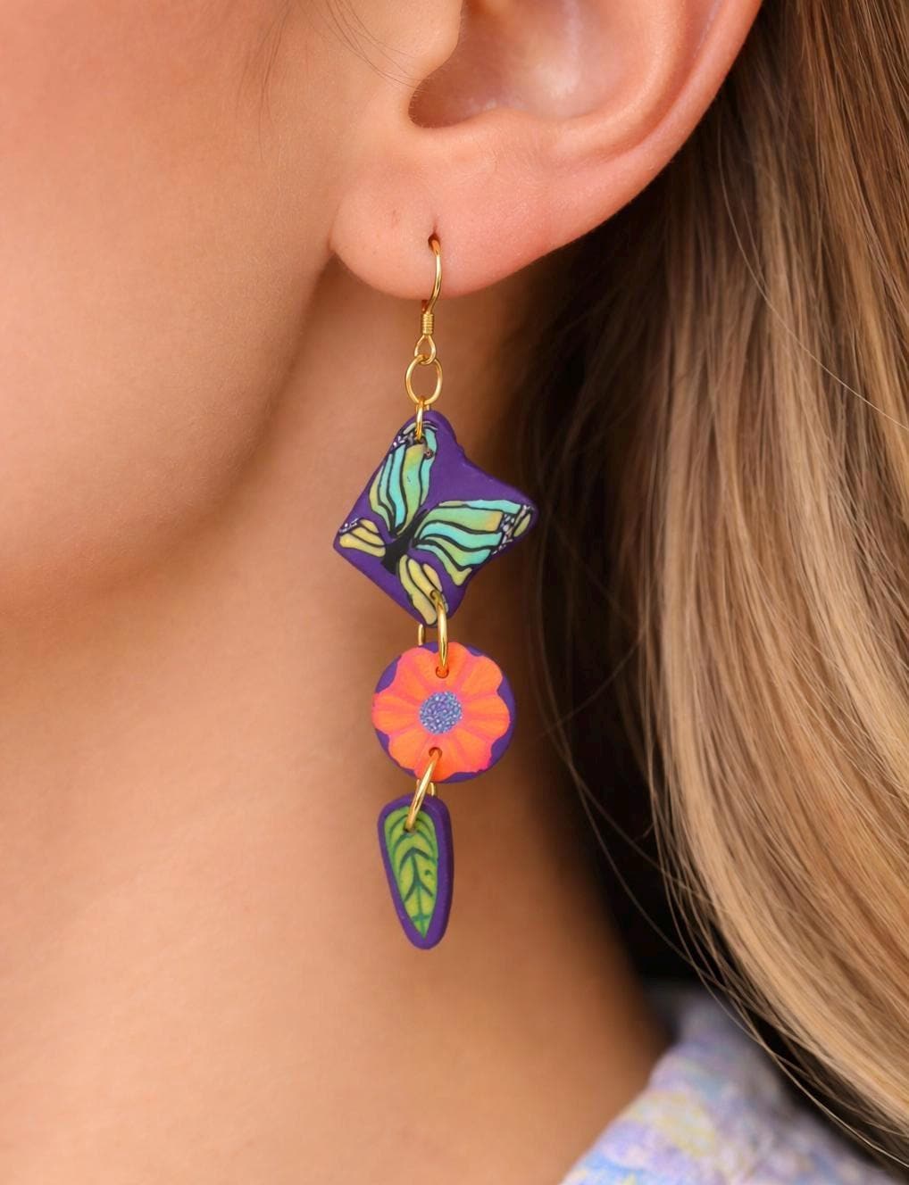 Butterfly Flower Dangle Earrings | Polymer Clay Statement Jewelry | 18k Gold Plated Hooks | Colorful