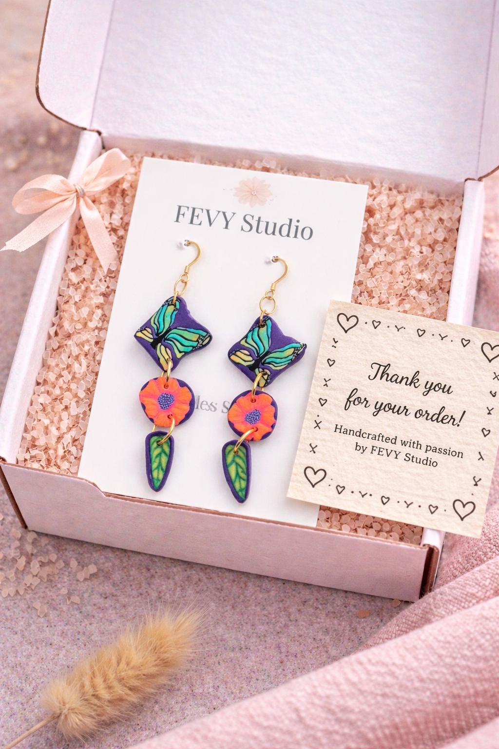 Butterfly Flower Dangle Earrings | Polymer Clay Statement Jewelry | 18k Gold Plated Hooks | Colorful