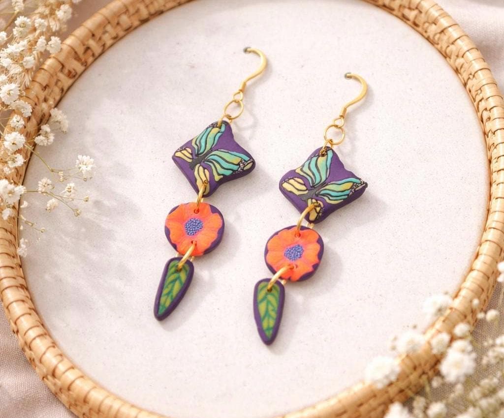 Butterfly Flower Dangle Earrings | Polymer Clay Statement Jewelry | 18k Gold Plated Hooks | Colorful