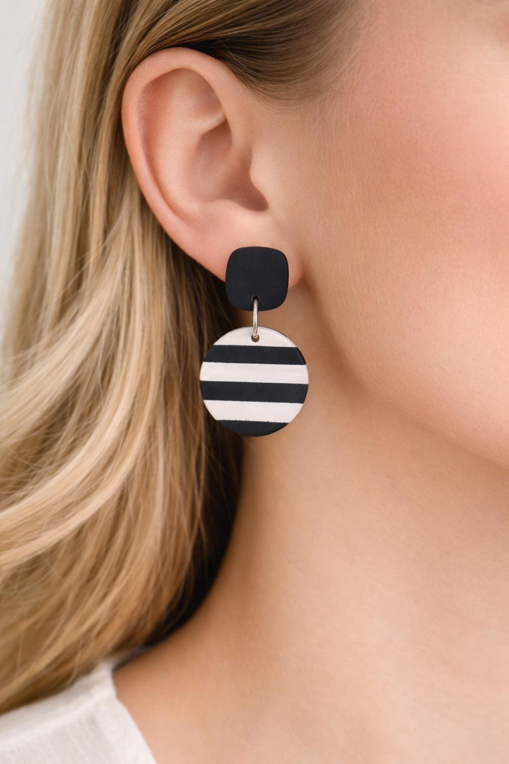 Black White Striped Dangle Earrings | Modern Minimalist Polymer Clay Statement