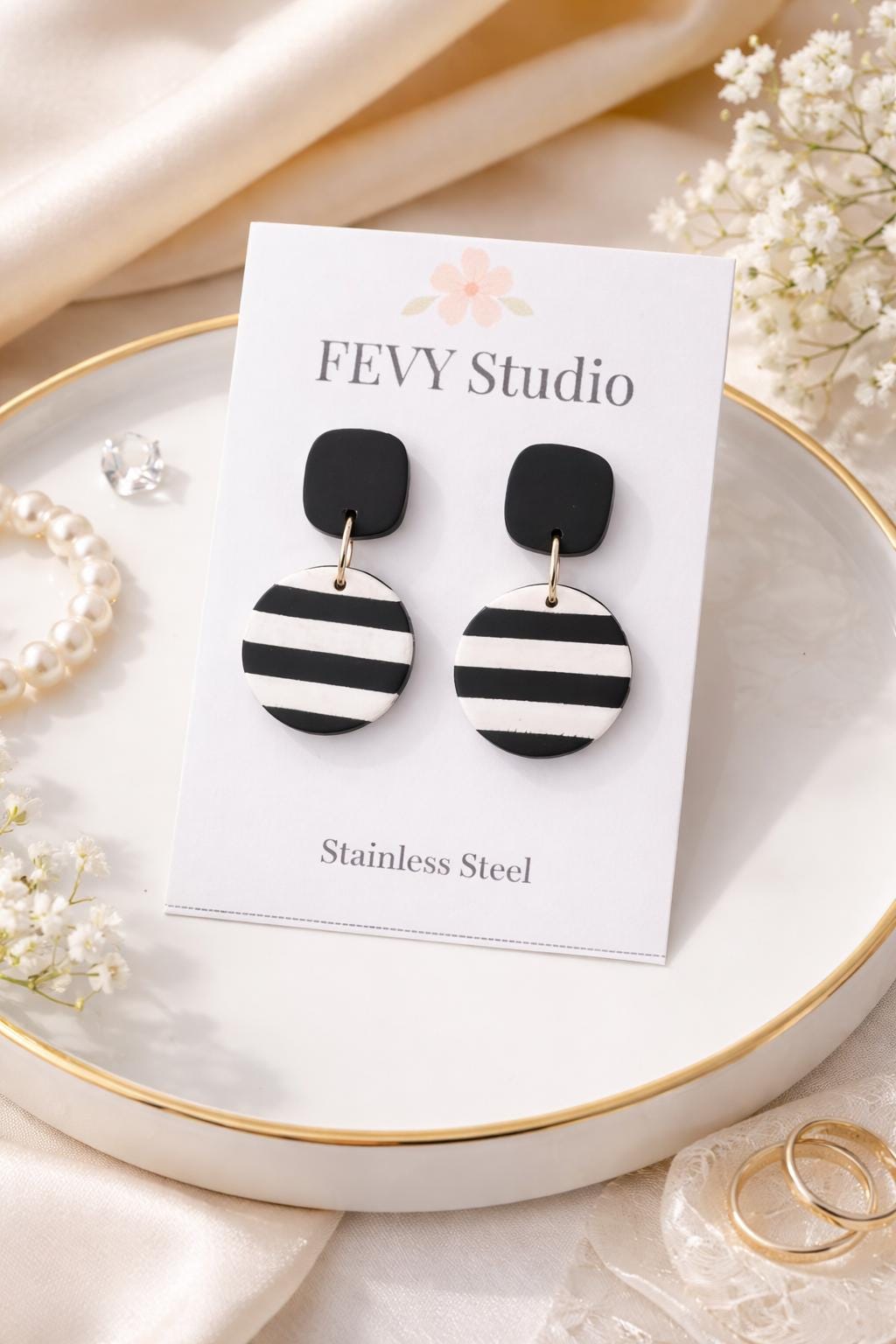 Black White Striped Dangle Earrings | Modern Minimalist Polymer Clay Statement