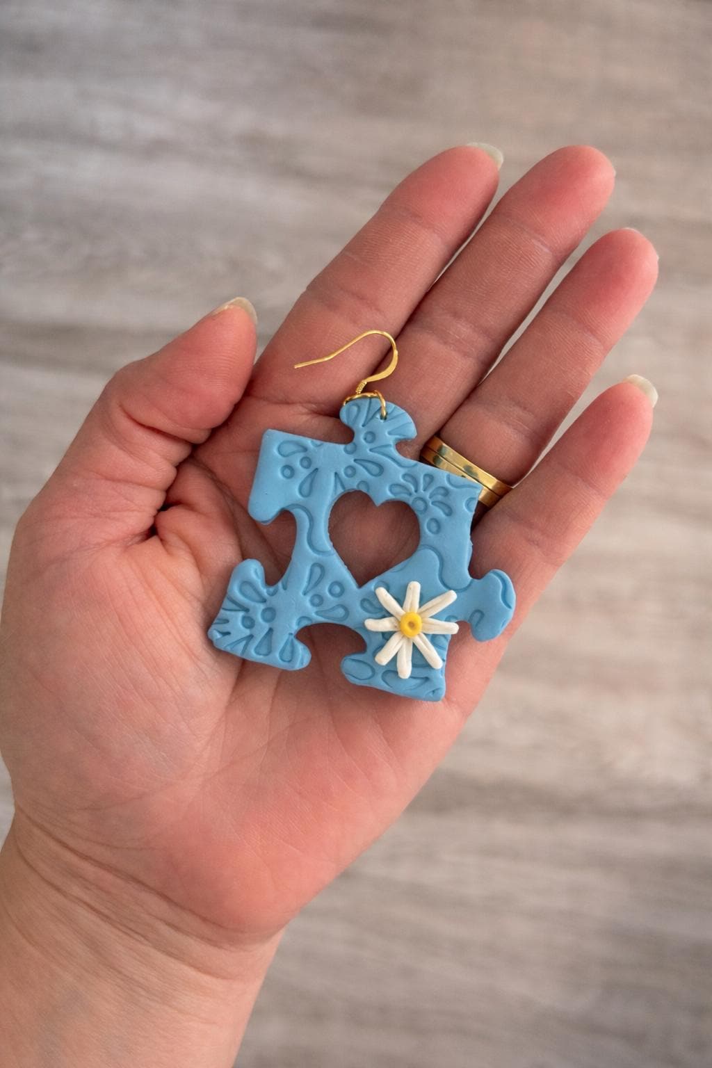 Blue Puzzle Piece Earrings | Autism Awareness Daisy Detail, Handmade Polymer Clay