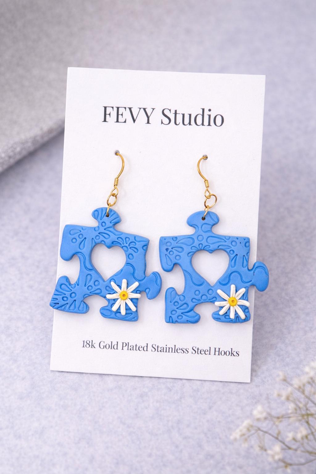 Blue Puzzle Piece Earrings | Autism Awareness Daisy Detail, Handmade Polymer Clay