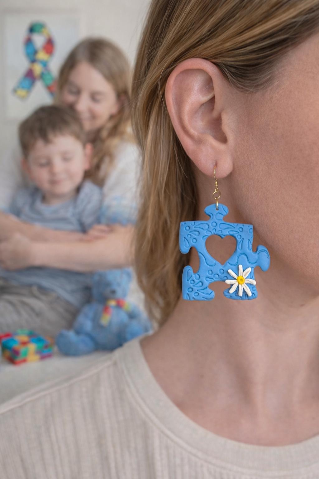 Blue Puzzle Piece Earrings | Autism Awareness Daisy Detail, Handmade Polymer Clay