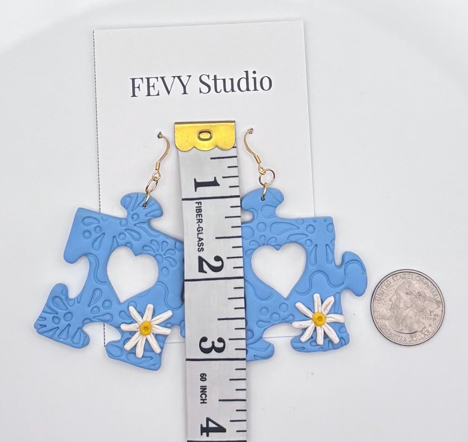 Blue Puzzle Piece Earrings | Autism Awareness Daisy Detail, Handmade Polymer Clay