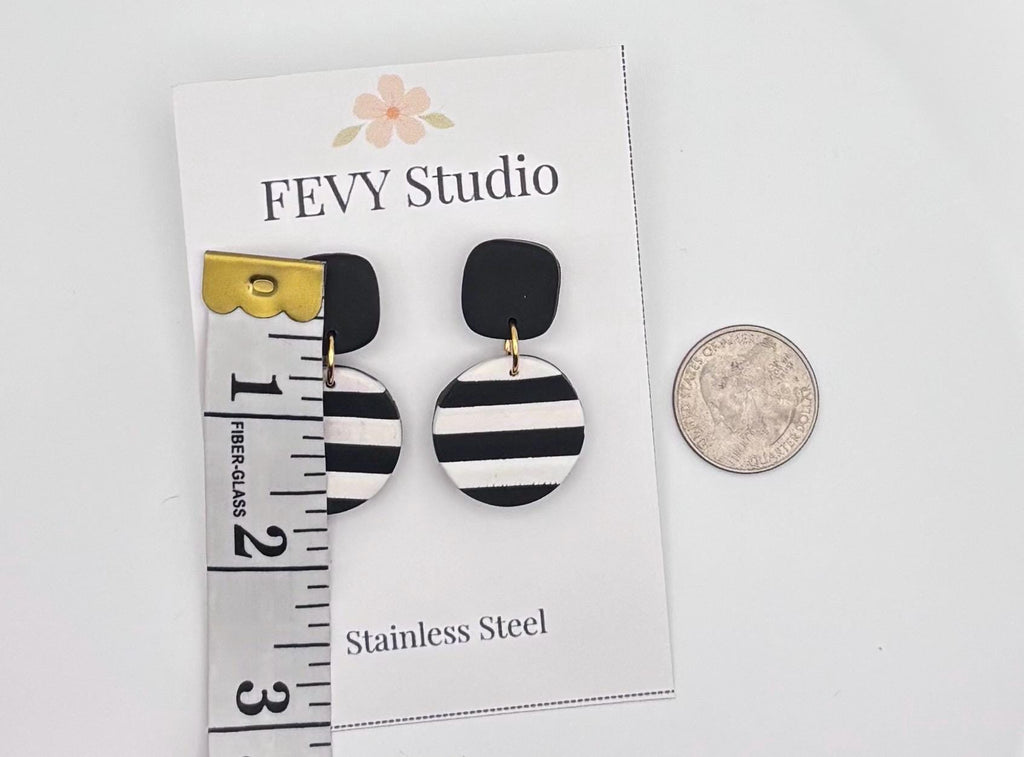 Black White Striped Dangle Earrings | Modern Minimalist Polymer Clay Statement
