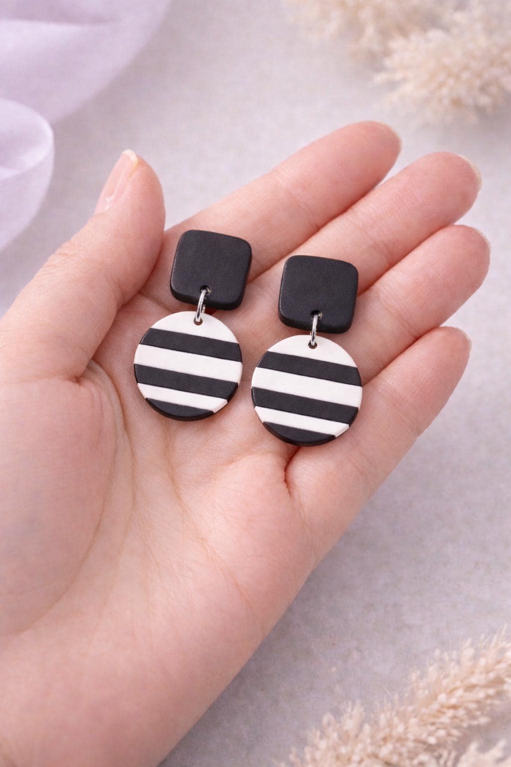 Black White Striped Dangle Earrings | Modern Minimalist Polymer Clay Statement