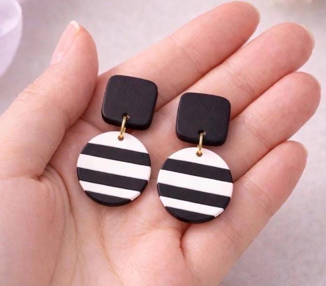 Black White Striped Polymer Clay Jewelry Set, Modern Dangle Earrings Necklace