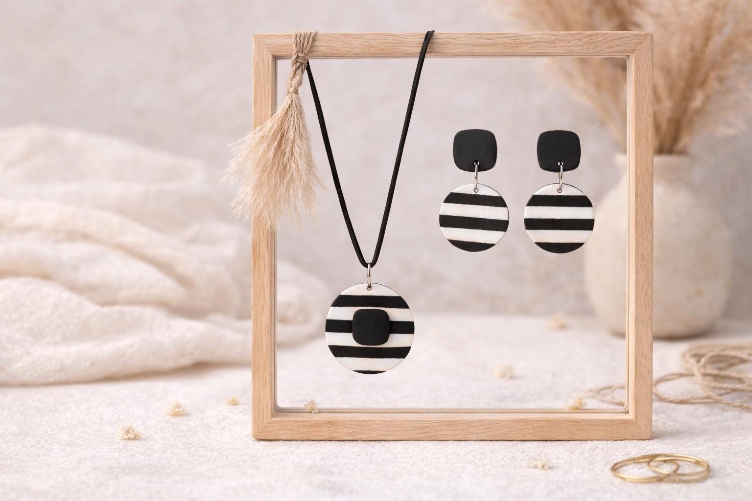Black White Striped Polymer Clay Jewelry Set | Modern Geometric Dangle Earrings Necklace