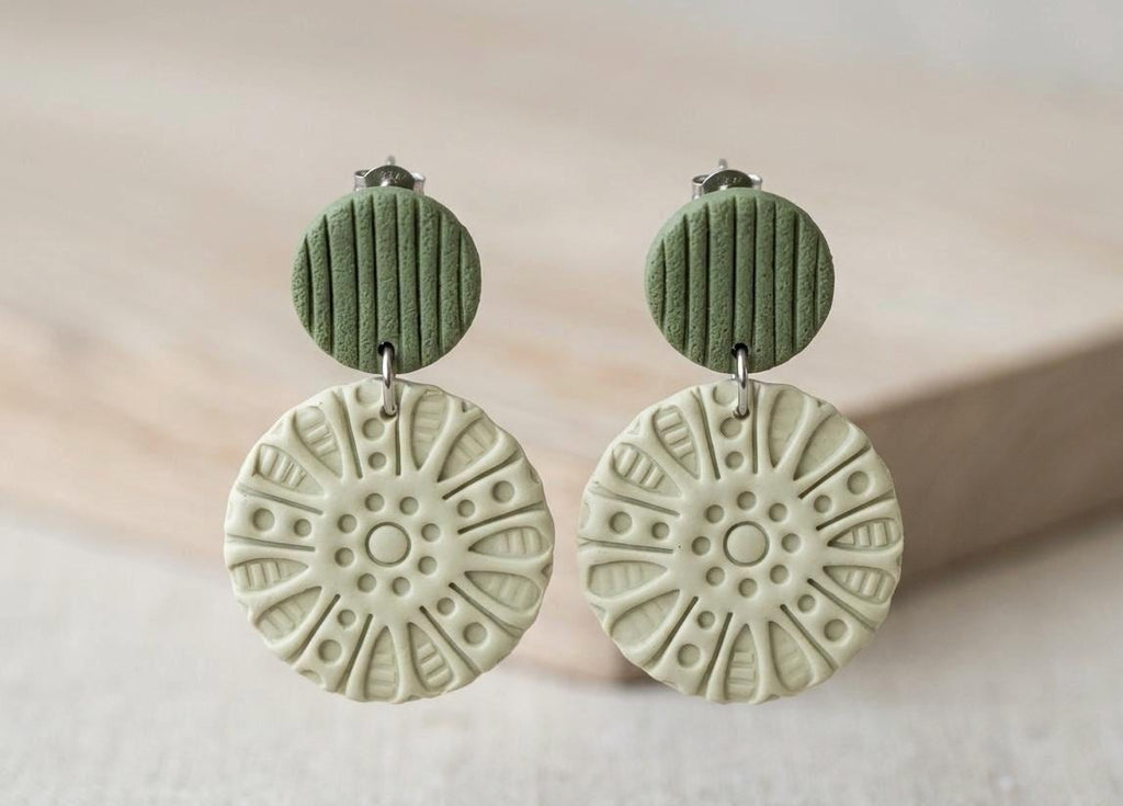 Sage Green Boho Clay Earrings | Textured Polymer Clay Earrings | Handmade Minimalist Dangle Earrings | Neutral Statement Earrings | Gift for