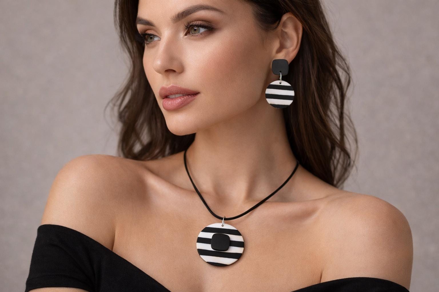 Black White Striped Polymer Clay Jewelry Set | Modern Dangle Earrings Necklace