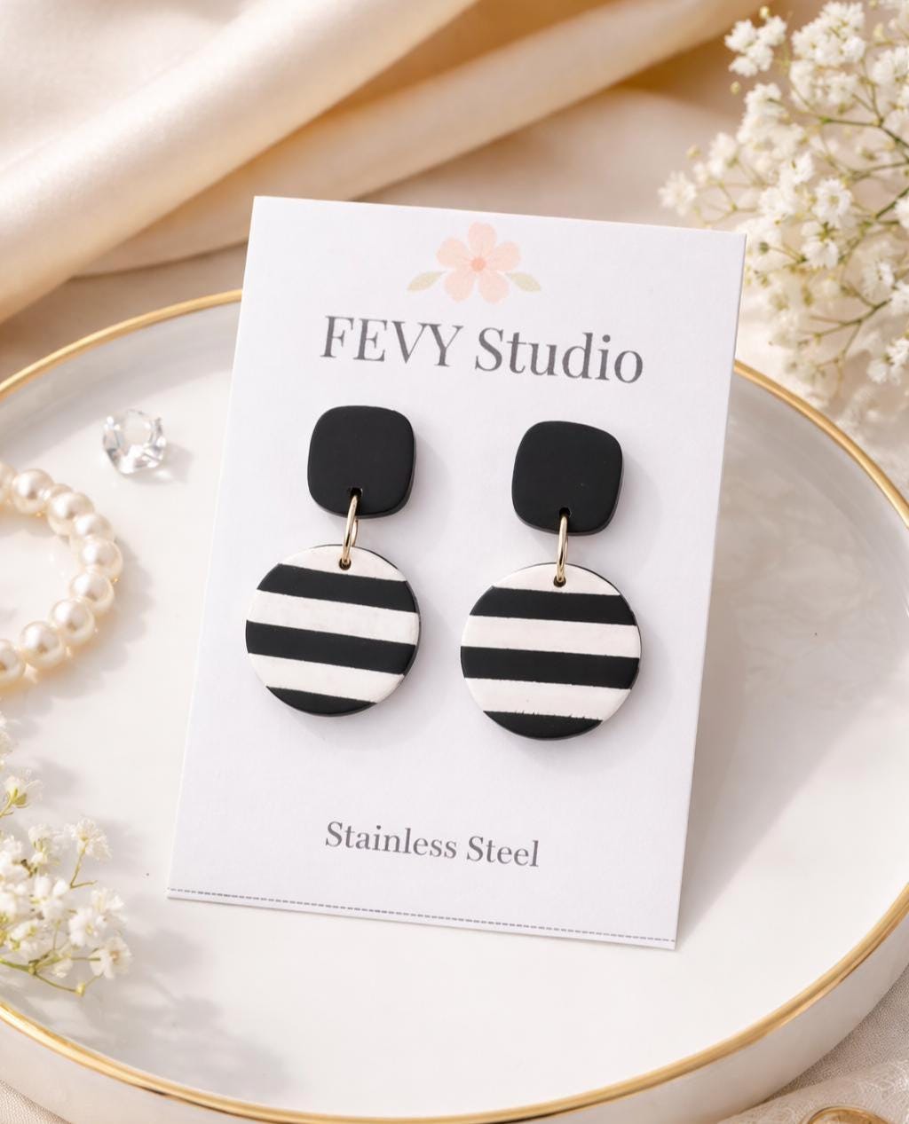 Black White Striped Polymer Clay Jewelry Set | Modern Geometric Dangle Earrings Necklace