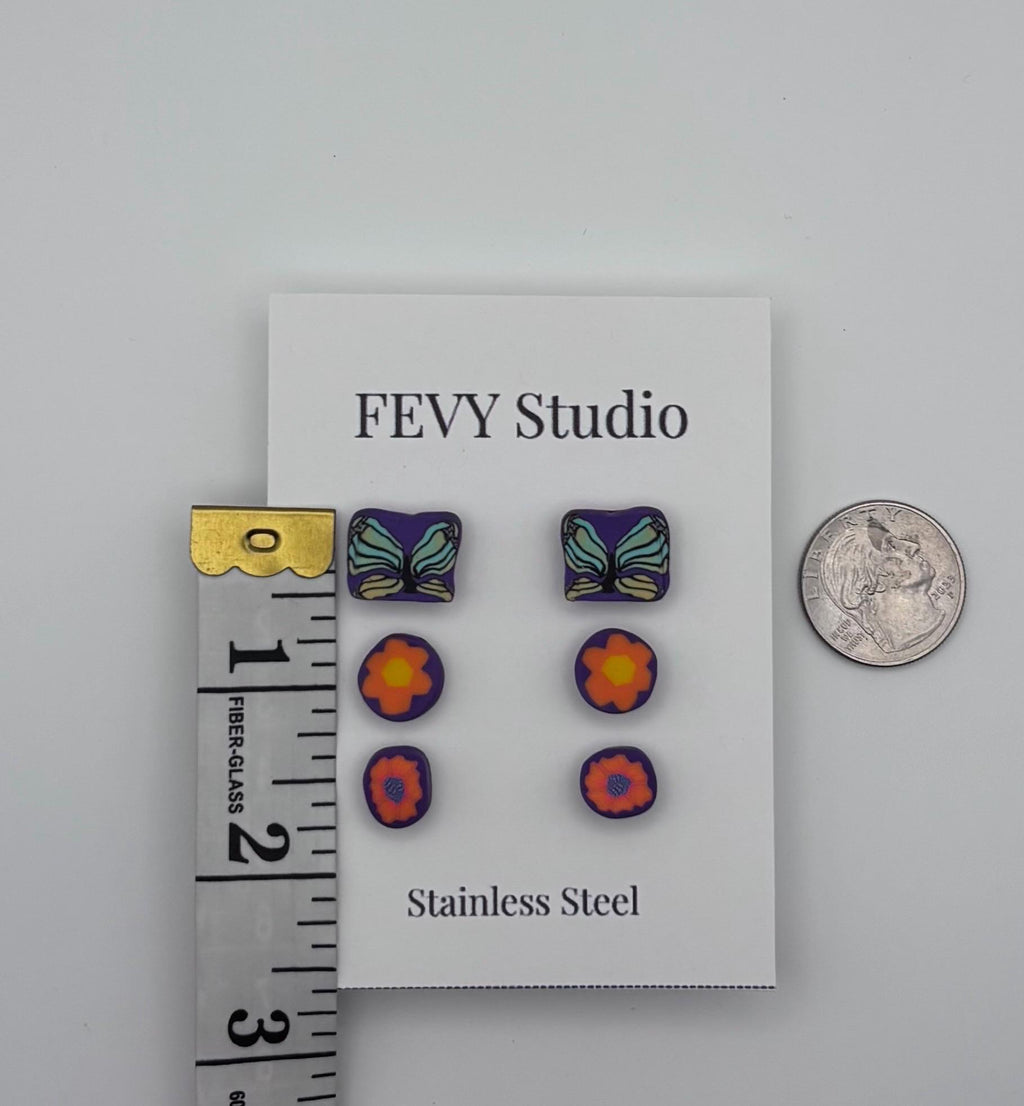 Colorful Butterfly Flower Polymer Clay Stud Earrings | Handmade Stainless Steel Posts