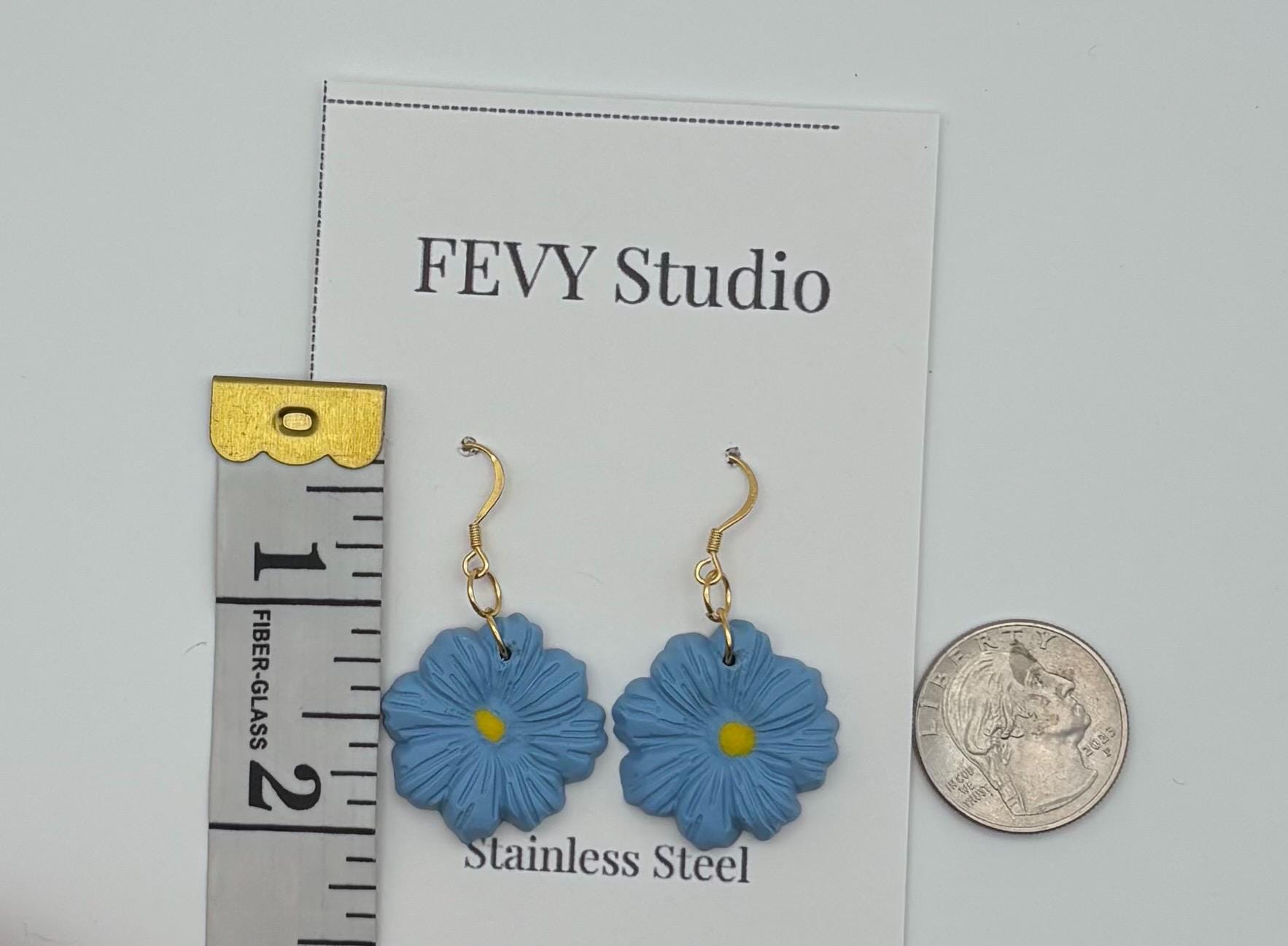 Handmade Blue Floral Polymer Clay Dangle Earrings | 18K Gold Plated Hooks