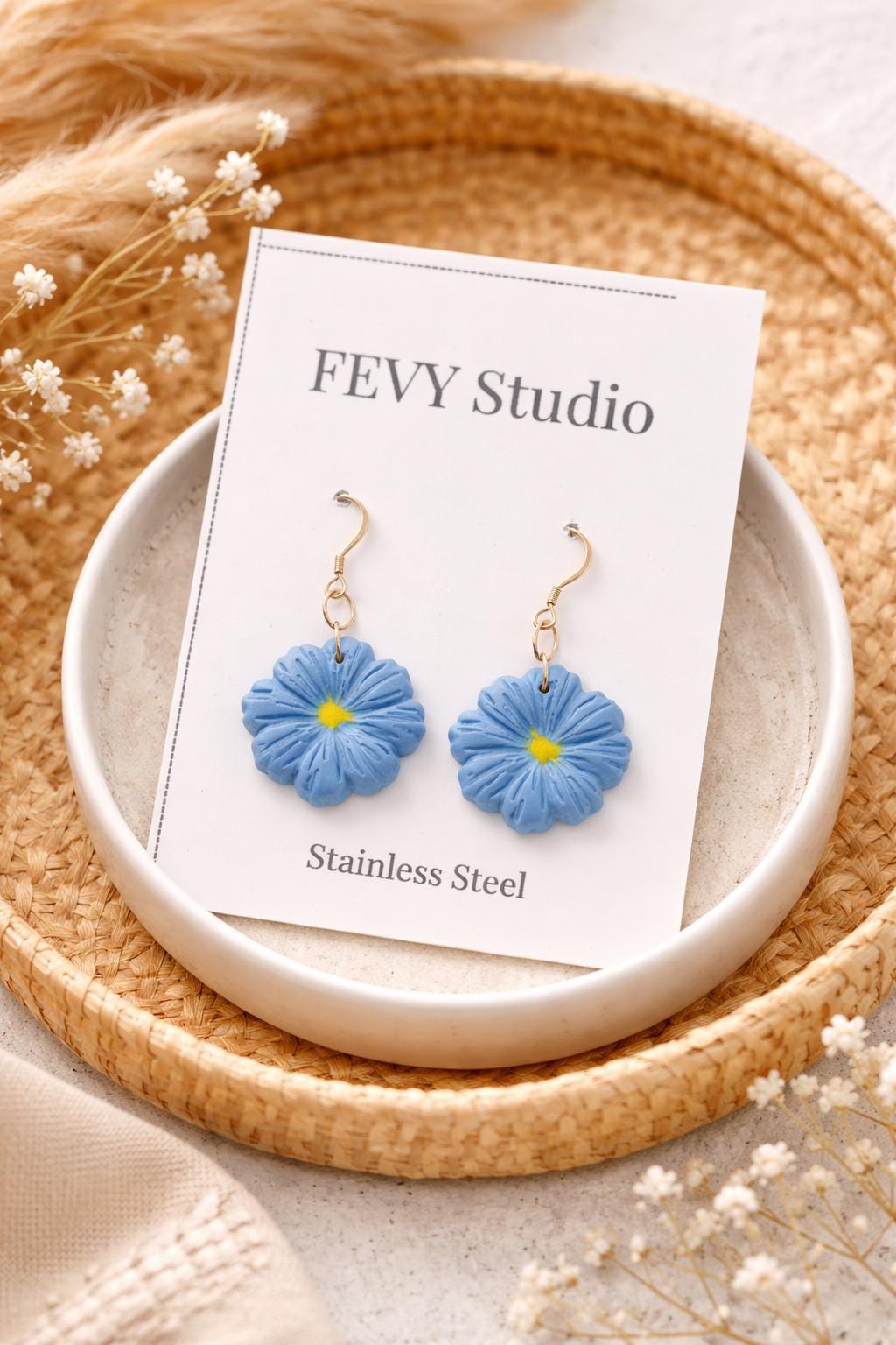 Handmade Blue Floral Polymer Clay Dangle Earrings | 18K Gold Plated Hooks