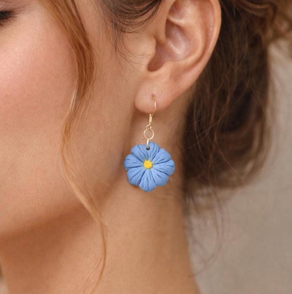 Handmade Blue Floral Polymer Clay Dangle Earrings | 18K Gold Plated Hooks