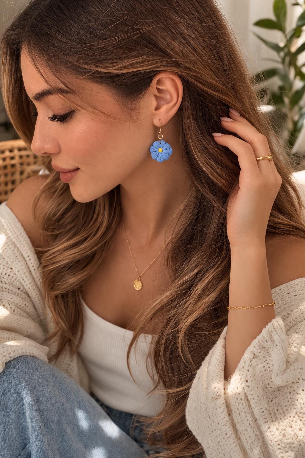 Handmade Blue Floral Polymer Clay Dangle Earrings | 18K Gold Plated Hooks