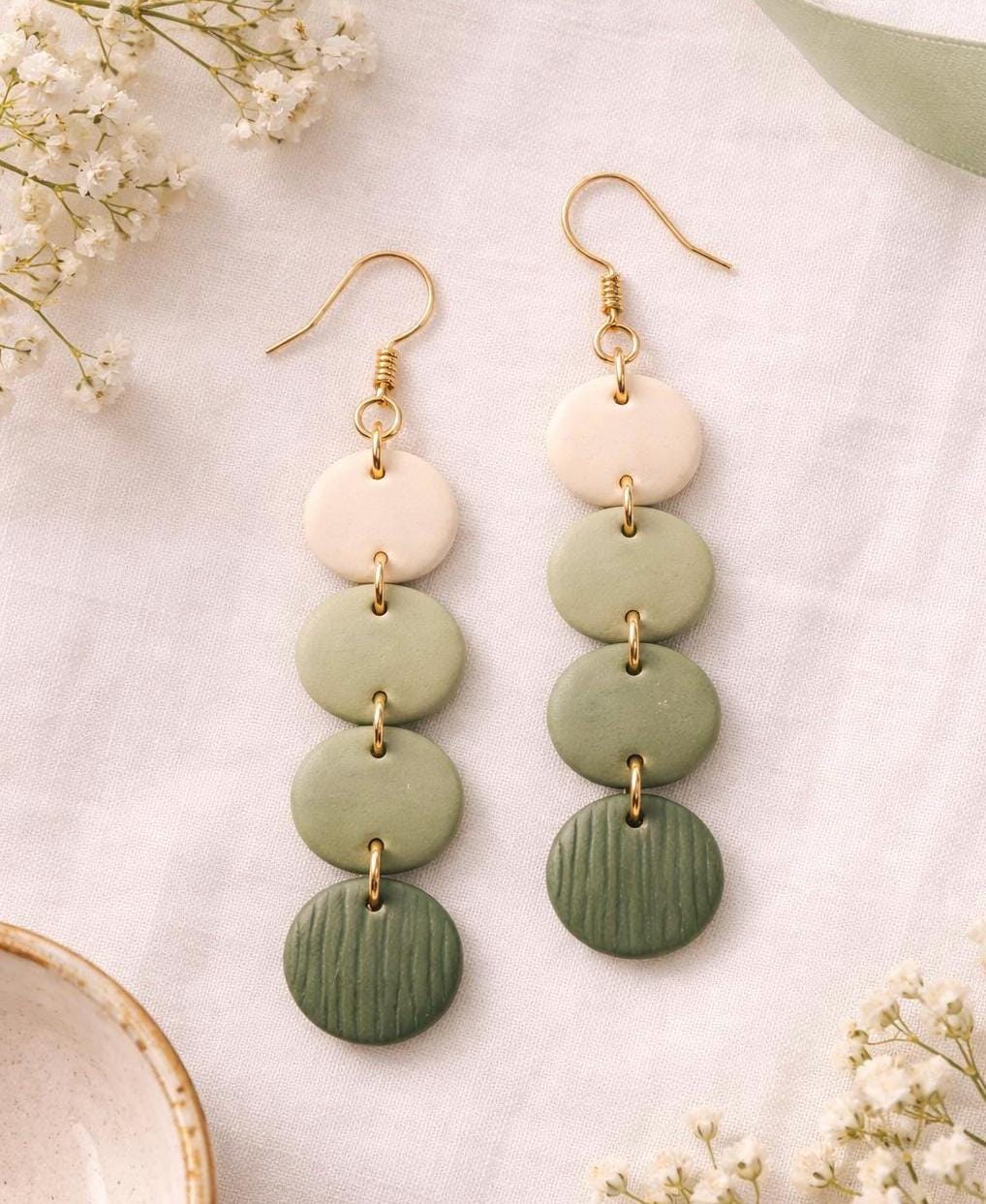 Sage Green Dangle Earrings, Minimalist Polymer Clay Earrings, Gold Hook Earrings, Neutral Handmade Jewelry, Gift for Her, Lightweight