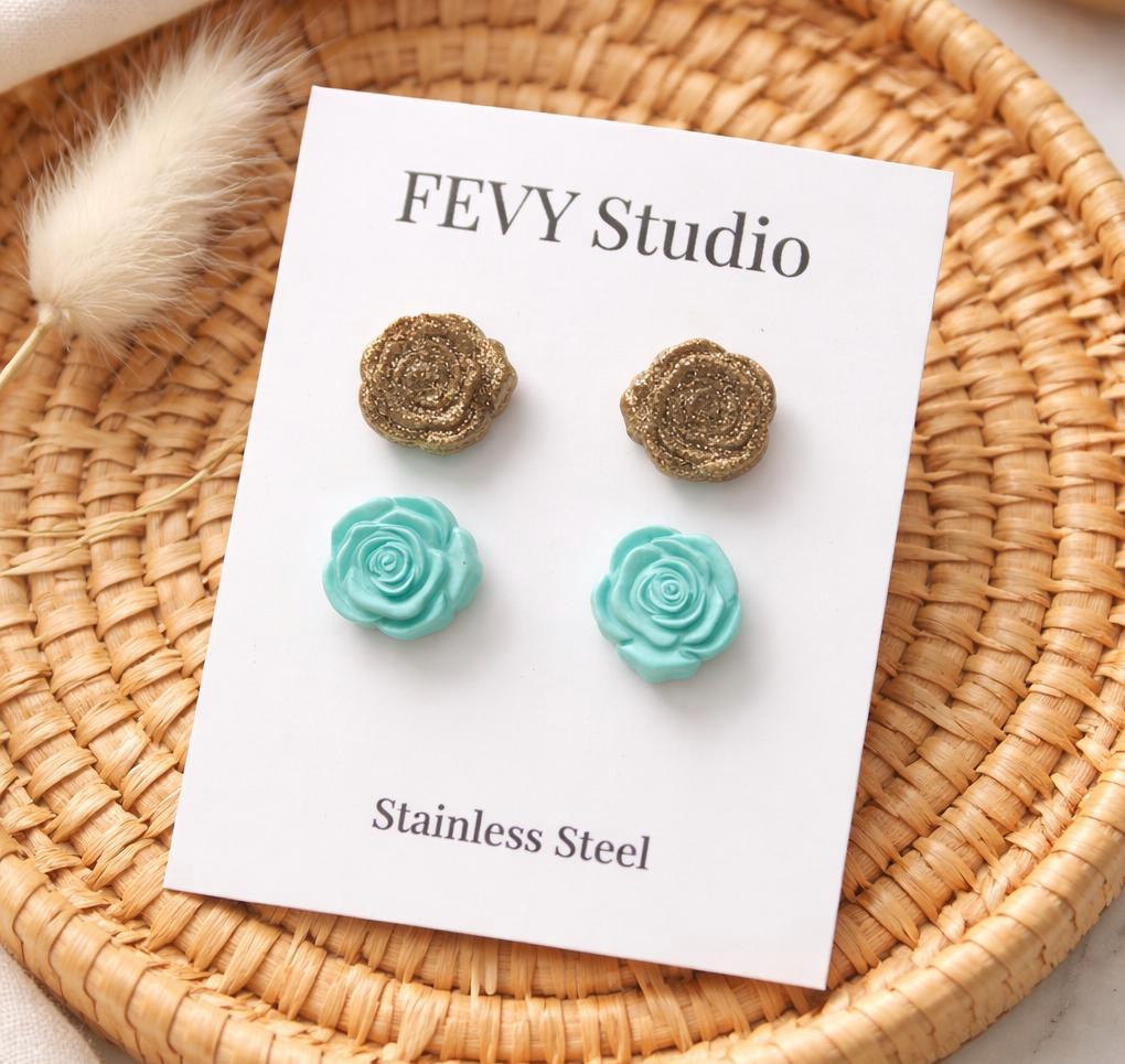 Rose Flower Stud Earrings Set | Turquoise Gold Earrings | Polymer Clay Jewelry | Stainless Steel Posts Gift for Women