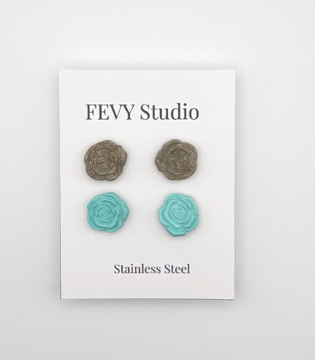 Rose Flower Stud Earrings Set | Turquoise Gold Earrings | Polymer Clay Jewelry | Stainless Steel Posts Gift for Women