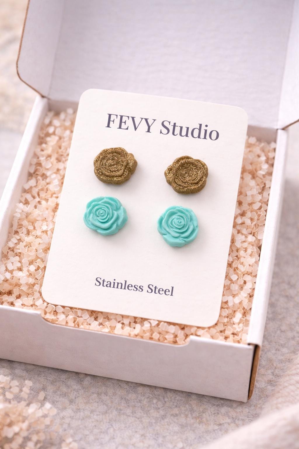 Rose Flower Stud Earrings Set | Turquoise Gold Earrings | Polymer Clay Jewelry | Stainless Steel Posts Gift for Women