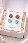 Rose Flower Stud Earrings Set | Turquoise Gold Earrings | Polymer Clay Jewelry | Stainless Steel Posts Gift for Women