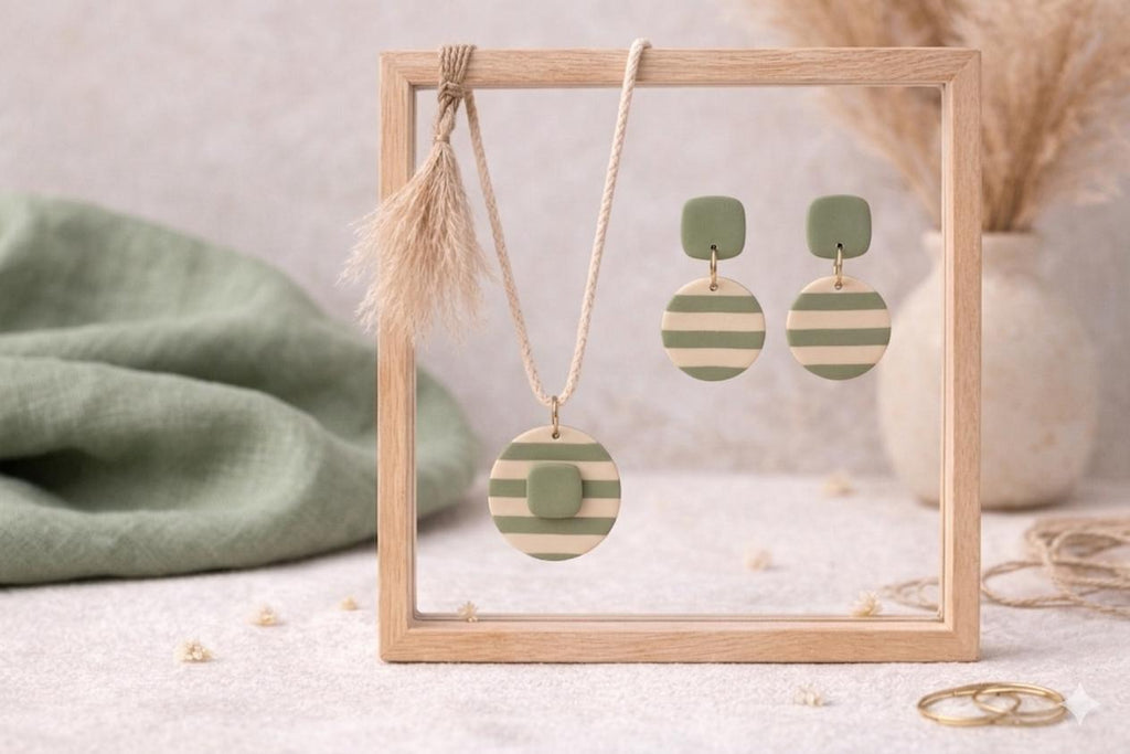 Sage Green Clay Earrings & Necklace Set | Striped Polymer Clay Jewelry | Boho Minimalist Handmade Gift for Women