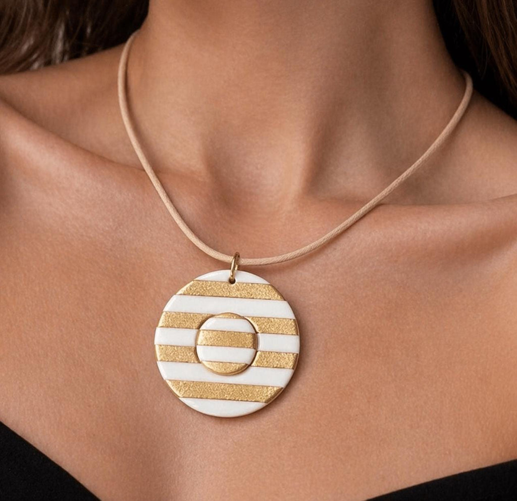 Gold White Statement Necklace, Beige Cord Pendant Necklace, Geometric Boho Jewelry, Handmade Polymer Clay Necklace for Women