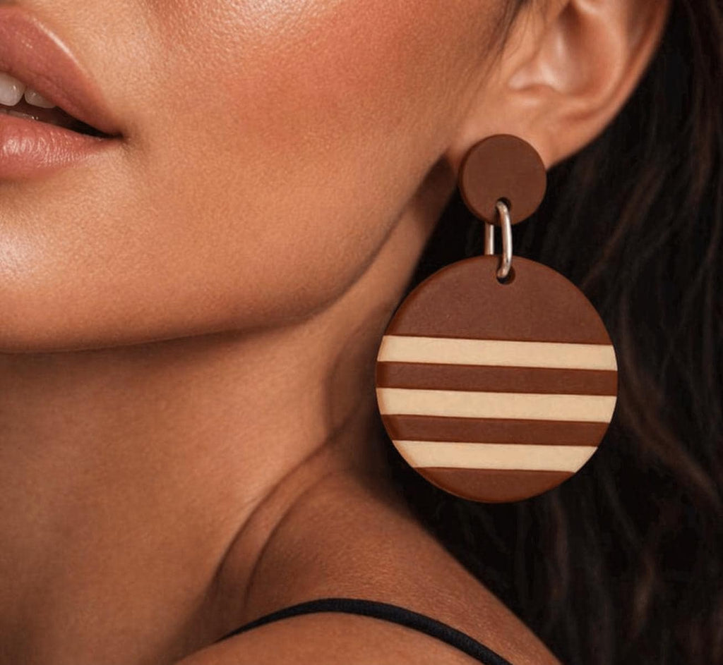 Brown Striped Statement Earrings, Polymer Clay Dangle Earrings, Neutral Boho Earrings, Lightweight Handmade Earrings, Modern Round Drop