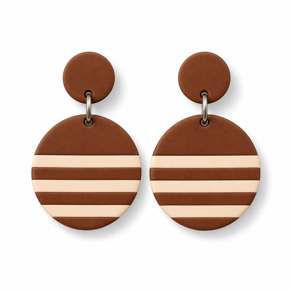 Brown Striped Statement Earrings, Polymer Clay Dangle Earrings, Neutral Boho Earrings, Lightweight Handmade Earrings, Modern Round Drop