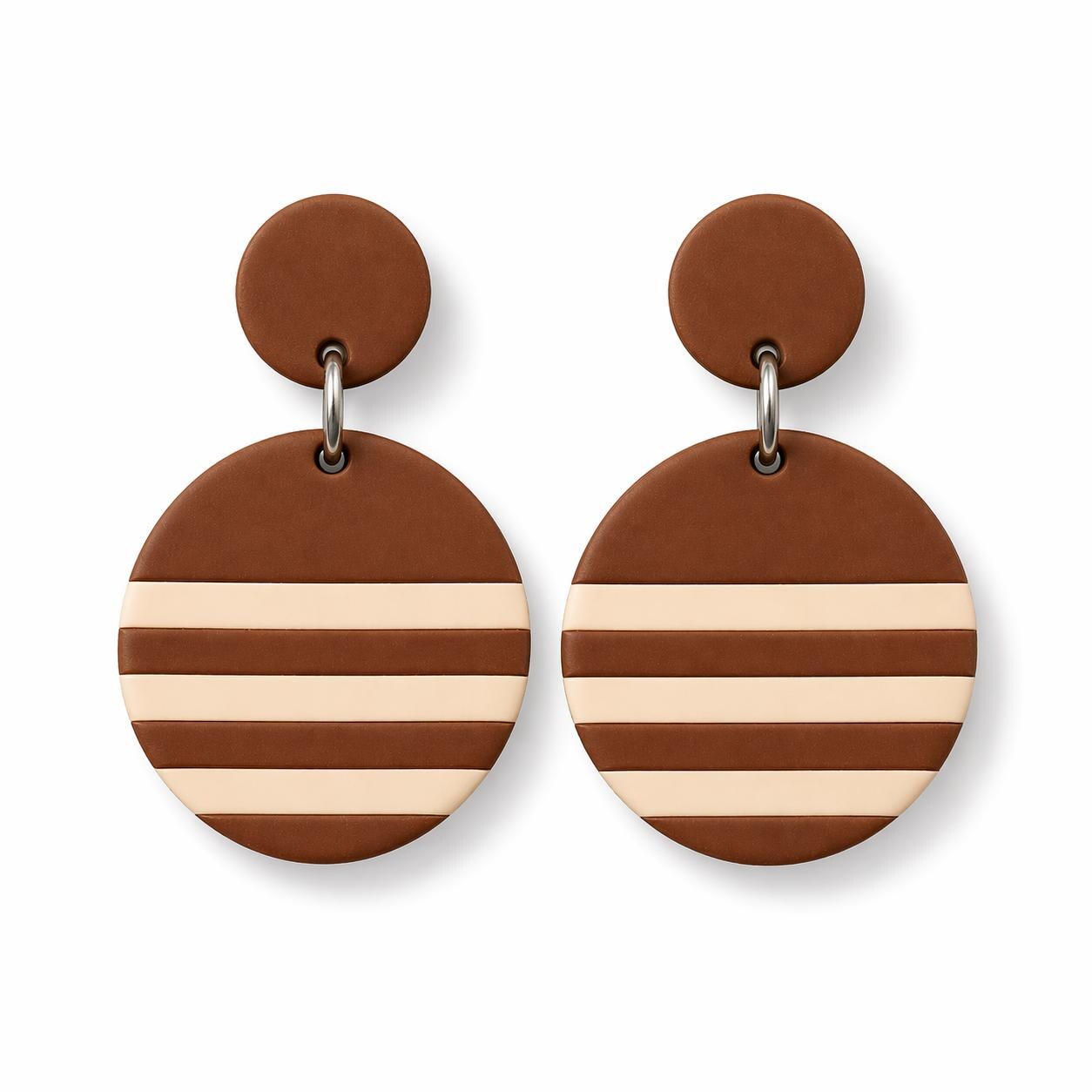 Brown Striped Statement Earrings, Polymer Clay Dangle Earrings, Neutral Boho Earrings, Lightweight Handmade Earrings, Modern Round Drop