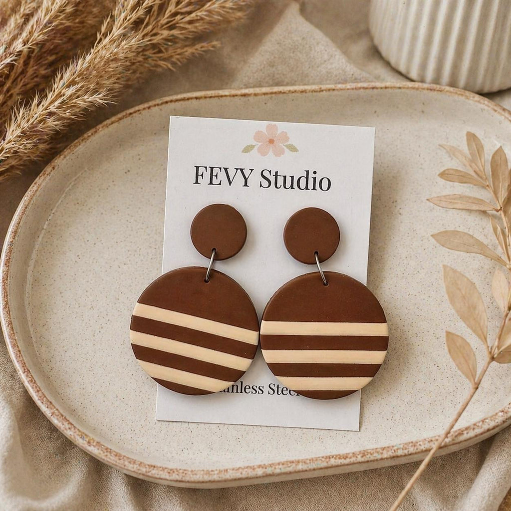 Brown Striped Statement Earrings, Polymer Clay Dangle Earrings, Neutral Boho Earrings, Lightweight Handmade Earrings, Modern Round Drop