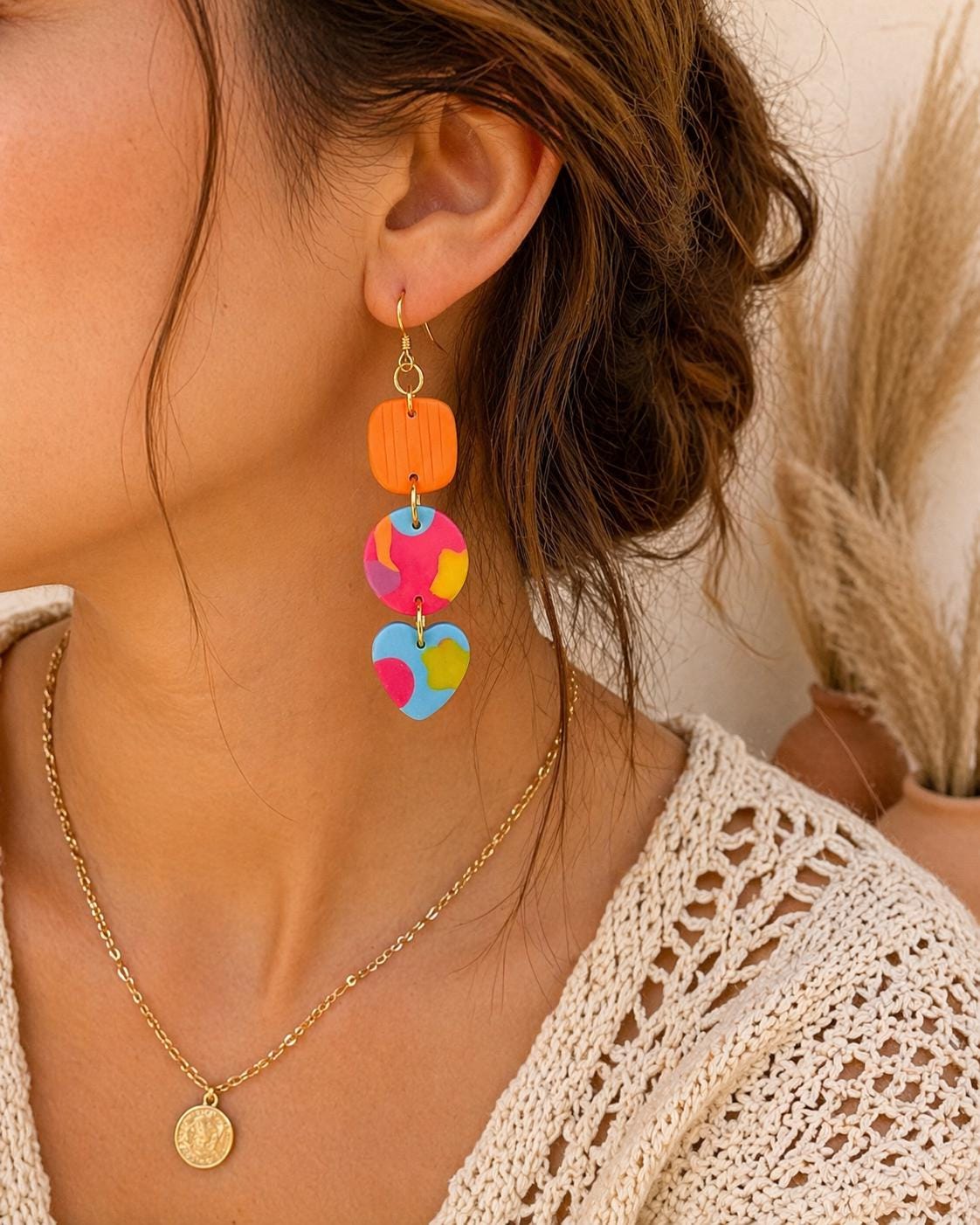Colorful Boho Statement Earrings | Handmade Polymer Clay Dangle Hooks