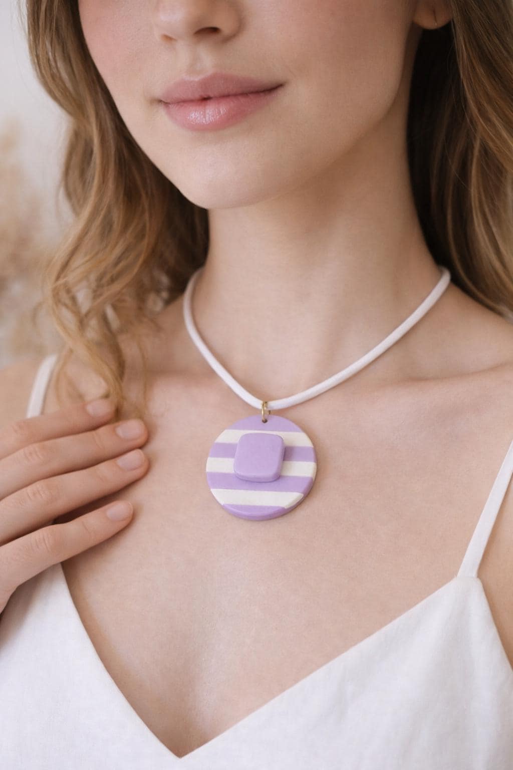 Lilac Striped Pendant Necklace, Polymer Clay Necklace, Minimalist Boho Jewelry, White Cord Necklace, Handmade Gift for Her, Modern Clay