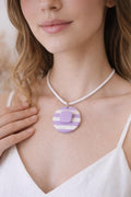 Lilac Striped Pendant Necklace, Polymer Clay Necklace, Minimalist Boho Jewelry, White Cord Necklace, Handmade Gift for Her, Modern Clay